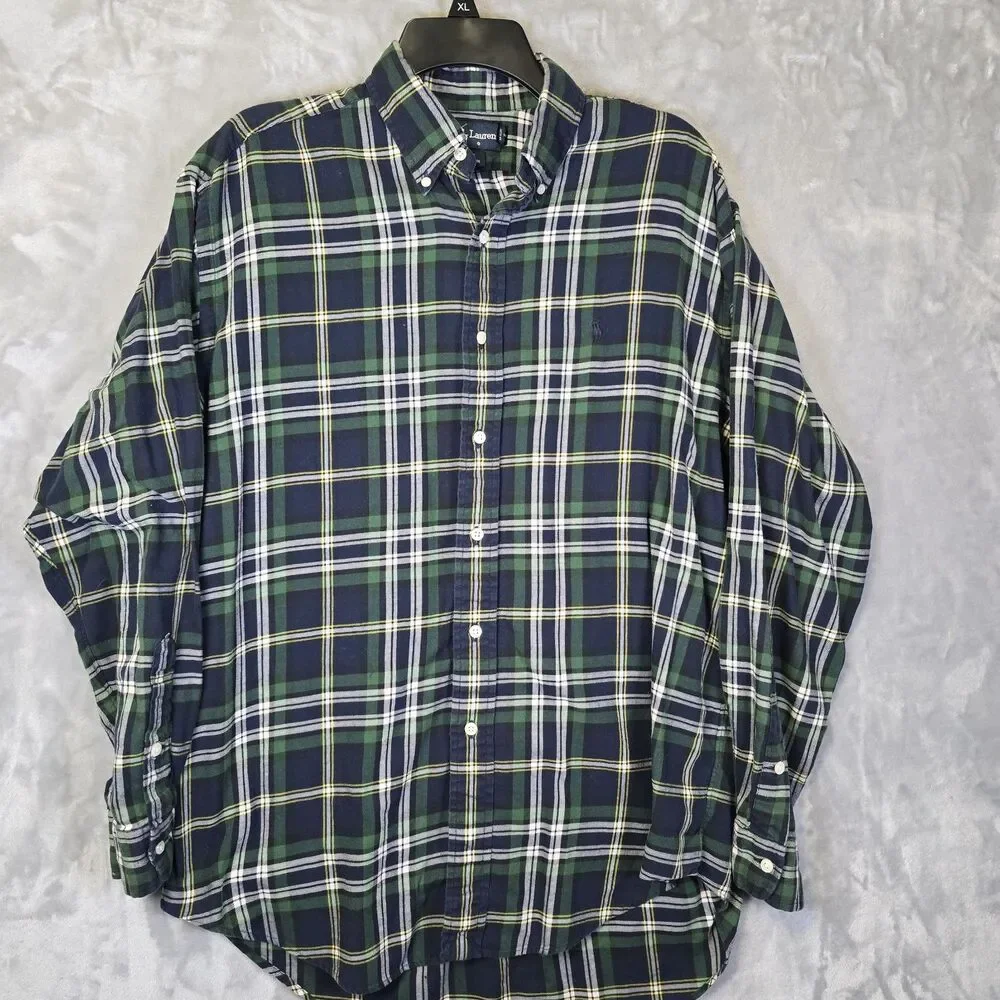 Ralph Lauren Blue Green Plaid Blake Button Shirt L Cotton Pony Preppy Boyfriend